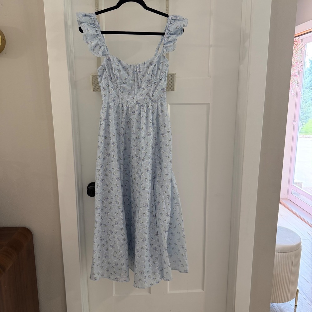 ASTR The Label Westalia Ruffle Strap Eyelet Corset Midi Dress Blue Floral XS NWT